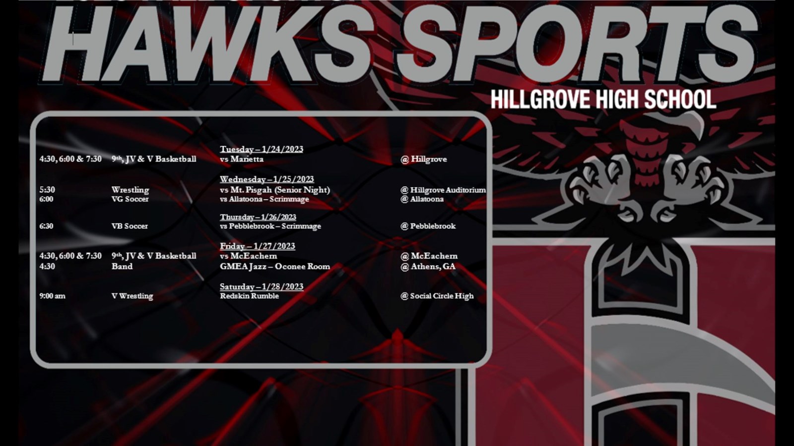 Hawks Sports for the week of January 23, 2023